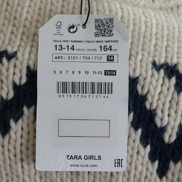 New Zara Girls Fancy Collection Cream and Navy Patterned Sweater Size 13-14 - Picture 5 of 5